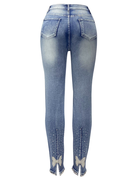 Rhinestone Skinny Jeans with Pockets Shop One Place