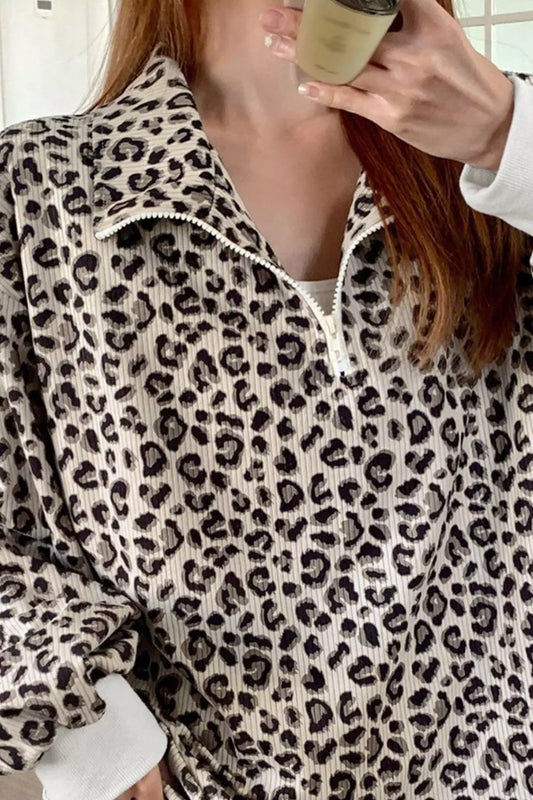 Leopard Print Quarter-Zip Sweatshirt Shop One Place