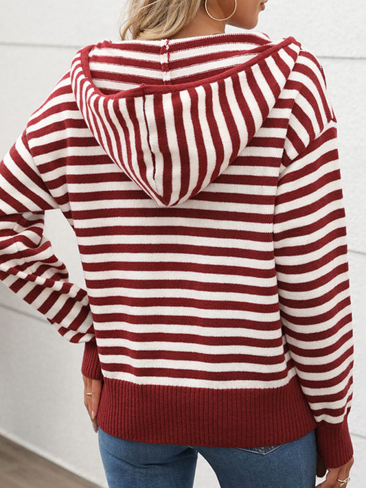 Perfee Striped Long Sleeve Hooded Sweater Shop One Place