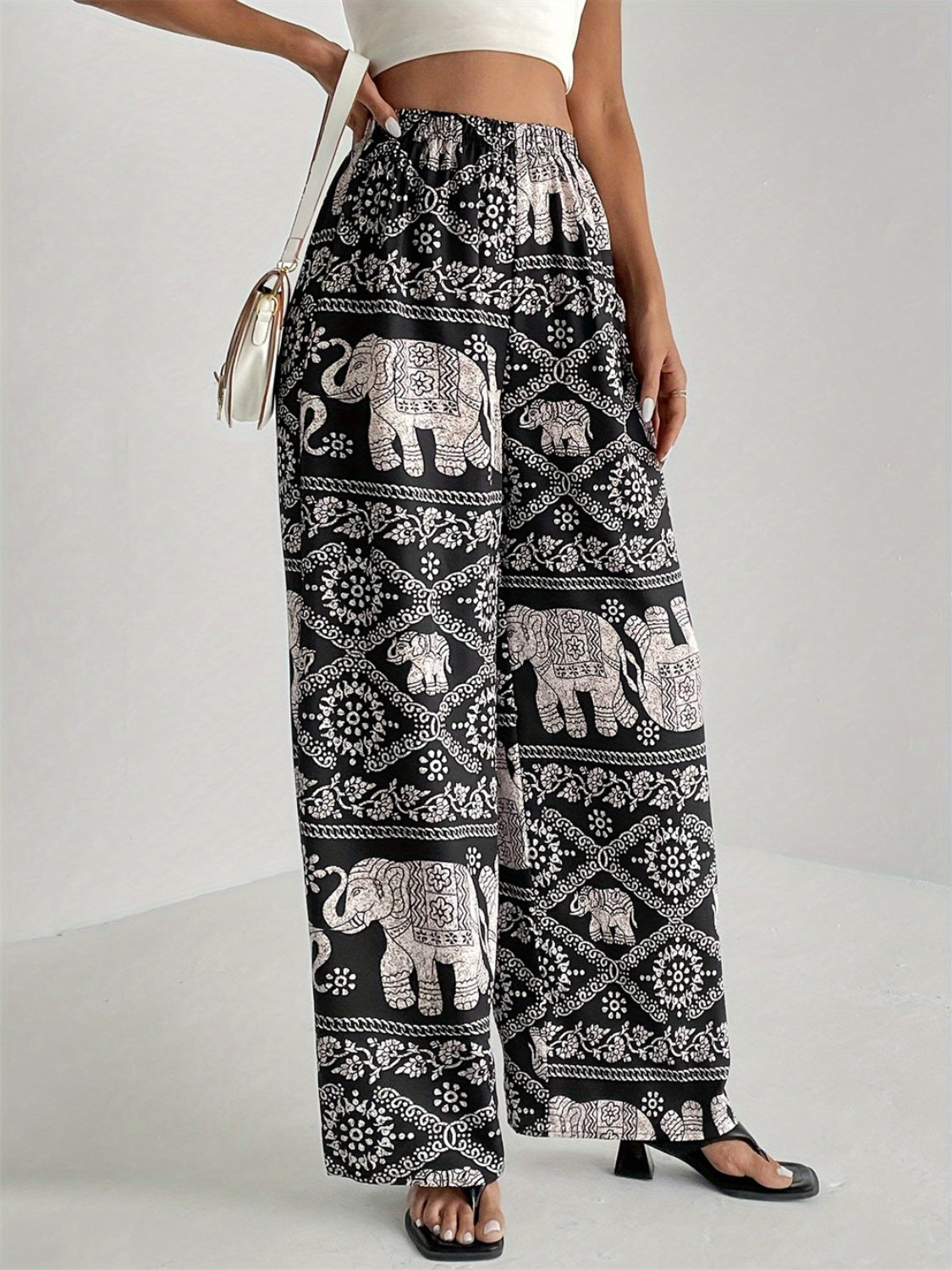 Printed Wide Leg Elastic Waist Pants Shop One Place