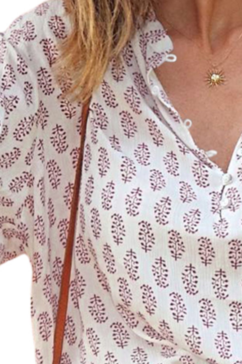 Printed Half Button Long Sleeve Blouse Shop One Place