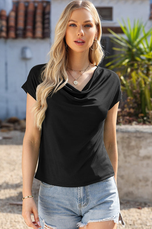 Cowl Neck Short Sleeve T-Shirt Shop One Place