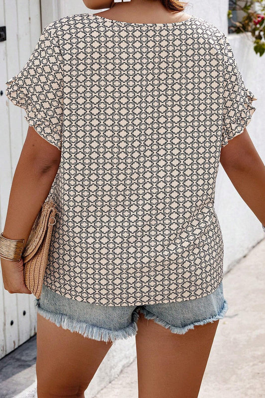 Khaki Geometric Print Frill Tulip Sleeve Plus Size Blouse Shop One Place