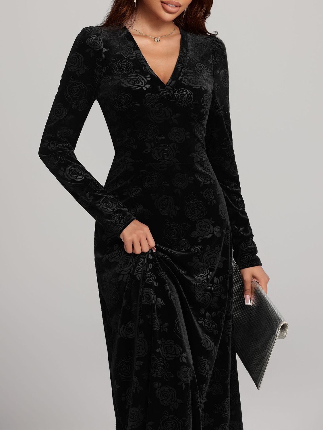 Rose Print V-Neck Long Sleeve Dress Shop One Place