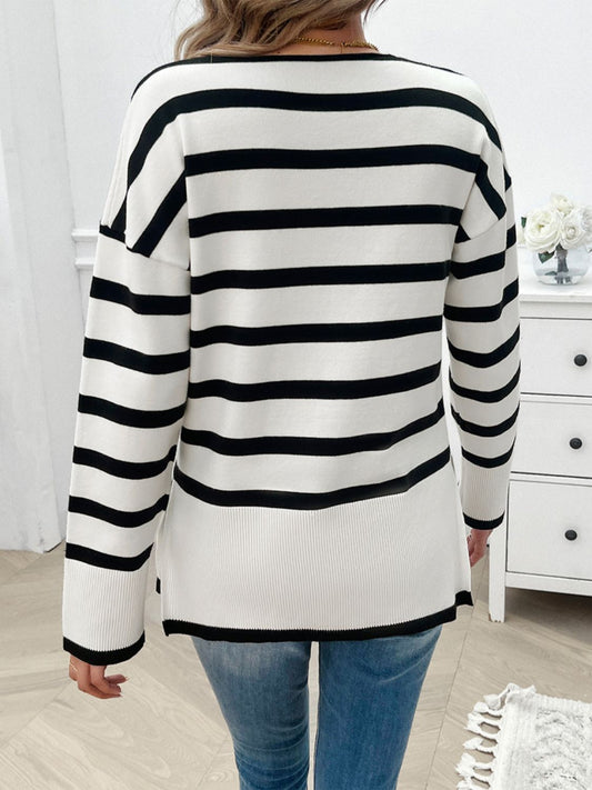 Striped V-Neck Long Sleeve Knit Top Shop One Place