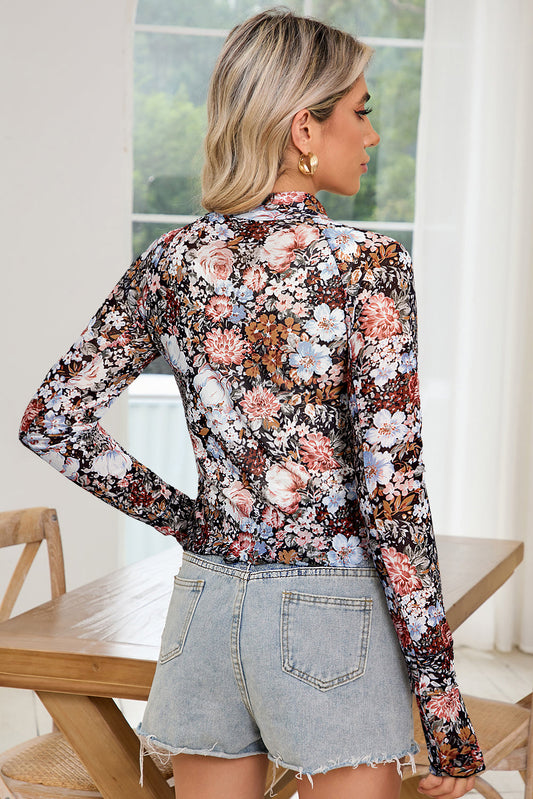 Brown Floral Print Mesh Mock Neck Slim Top Shop One Place