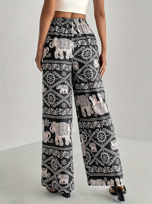 Printed Wide Leg Elastic Waist Pants Shop One Place