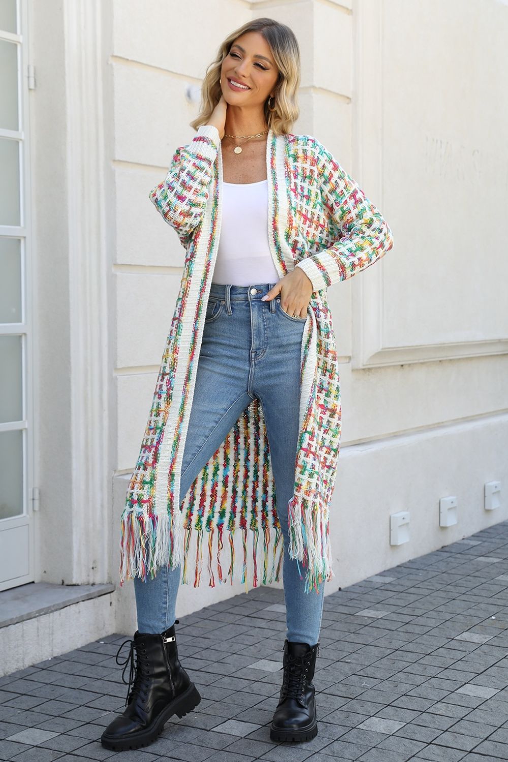 Multicolored Open Front Fringe Hem Cardigan Shop One Place