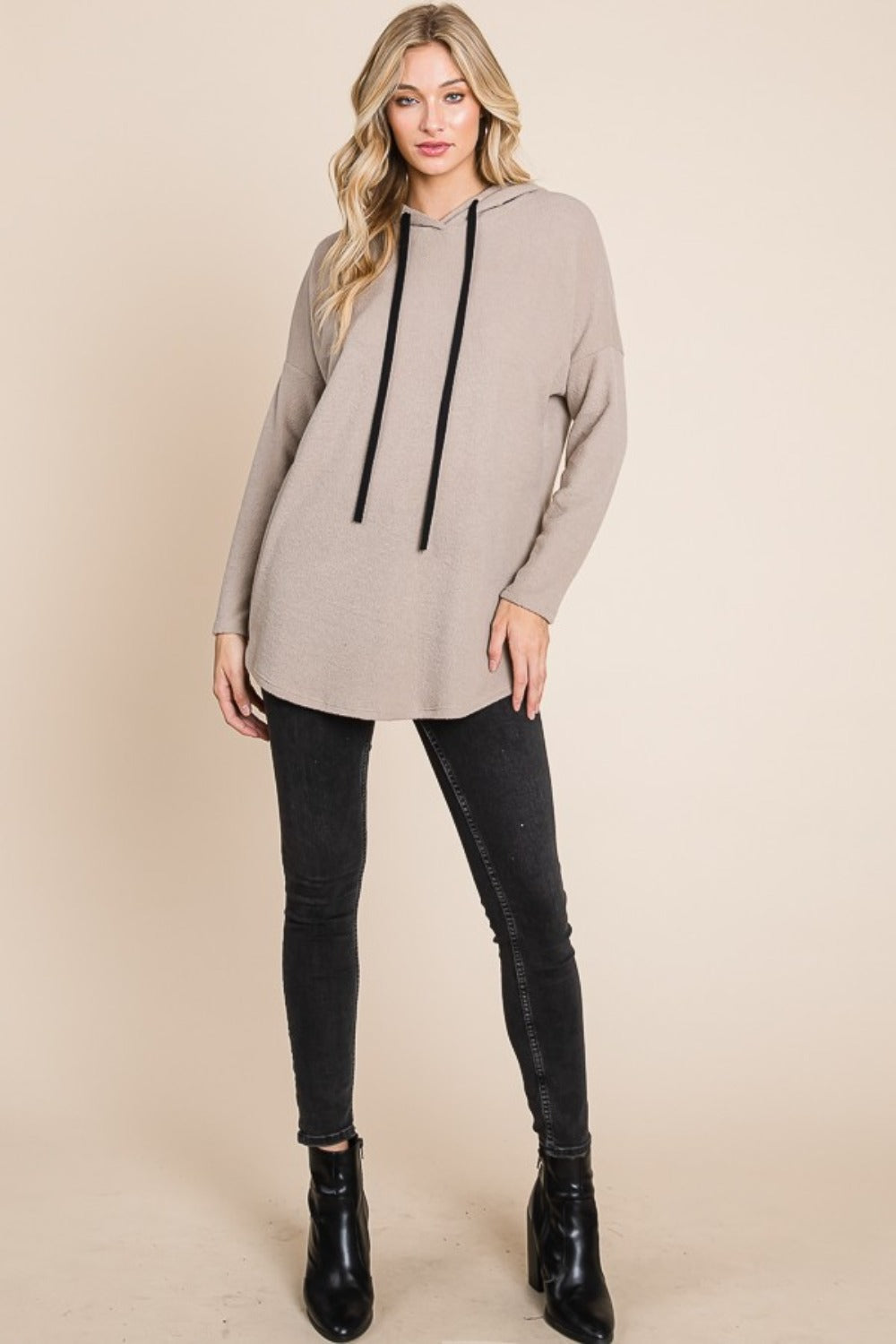 BOMBOM Contrast Drawstring Drop Shoulder Knit Hoodie Shop One Place