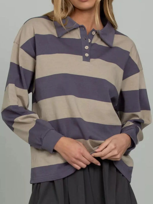 Striped Polo Collar Sweatshirt with Button Details Shop One Place