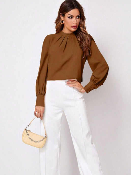 Ruched Mock Neck Long Sleeve Blouse Shop One Place
