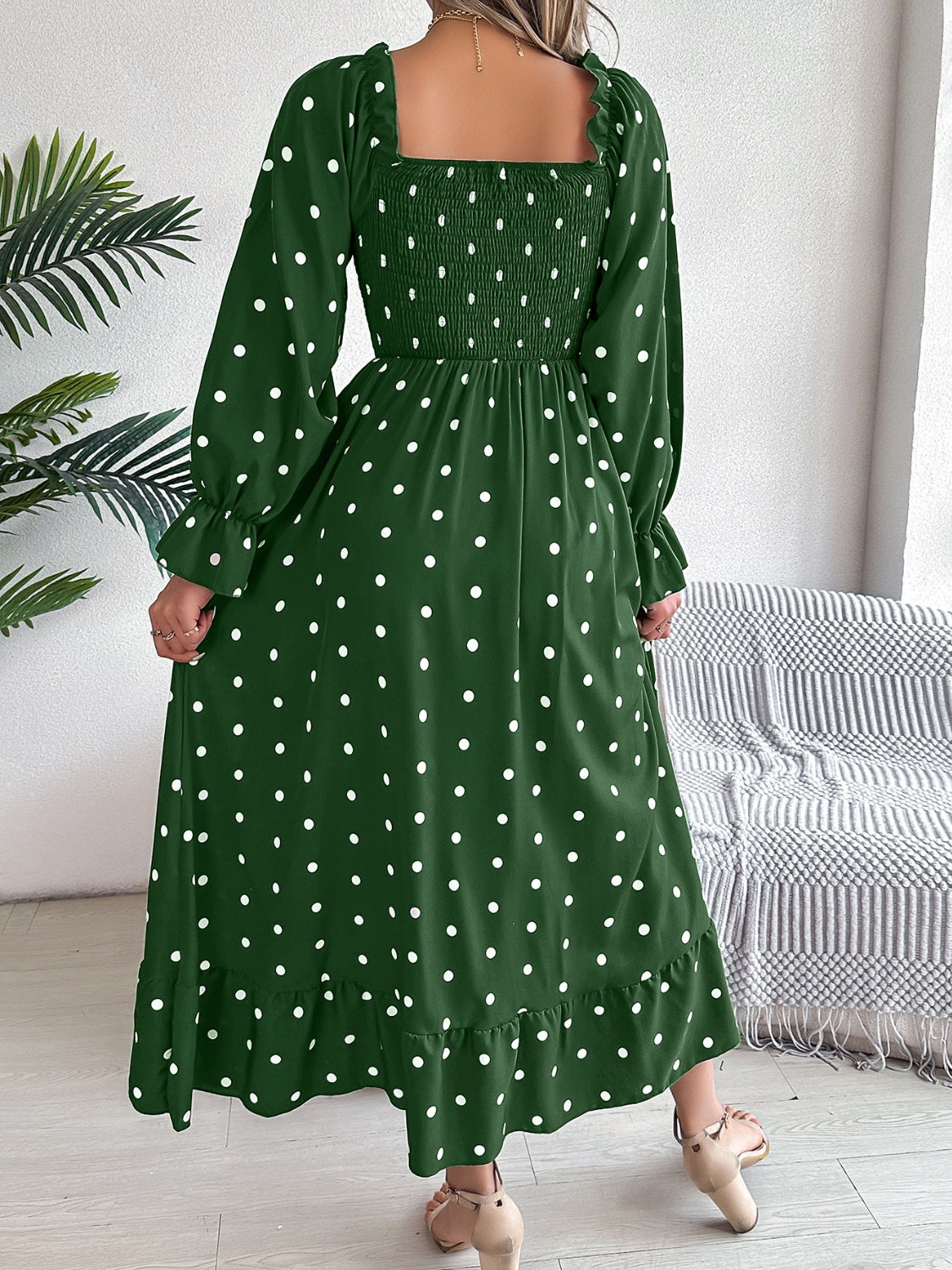 Polka Dot Flounce Sleeve Midi Dress Shop One Place