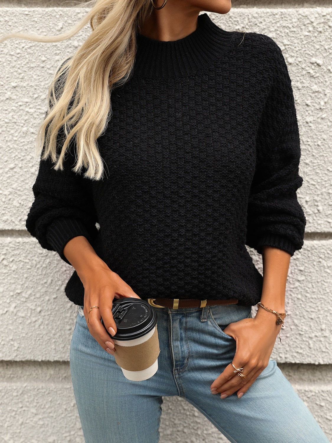 Mock Neck Long Sleeve Sweater Shop One Place