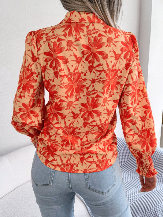 Floral Collared Neck Long Sleeve Shirt Shop One Place