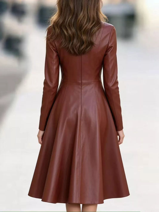 Women's Faux Leather Zip-Front A-Line Midi Dress – view 2