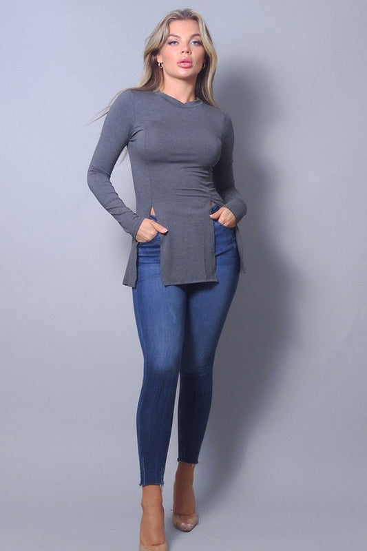Sleek & Chic Fall Long Sleeve Slitted Top Shop One Place