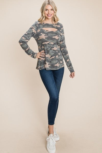 Army Camo Printed Cut Out Neckline Long Sleeves Casual Basic Top Shop One Place