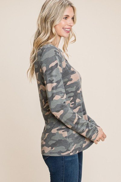 Army Camo Printed Cut Out Neckline Long Sleeves Casual Basic Top Shop One Place