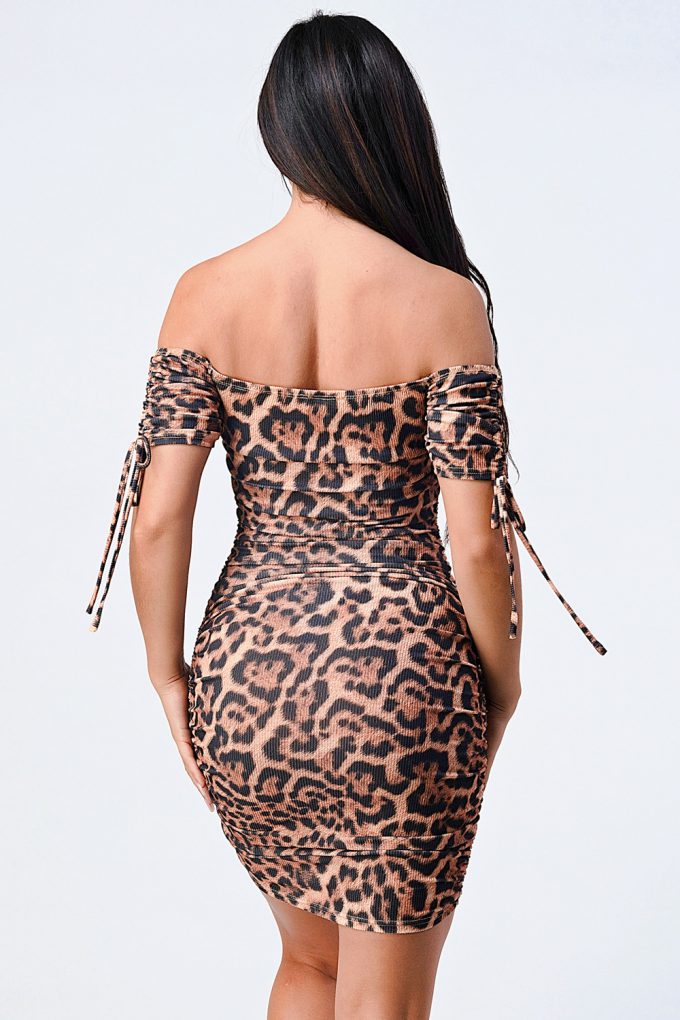 Leopard Print Off Shoulder Shirring Bodycon Dress Shop One Place