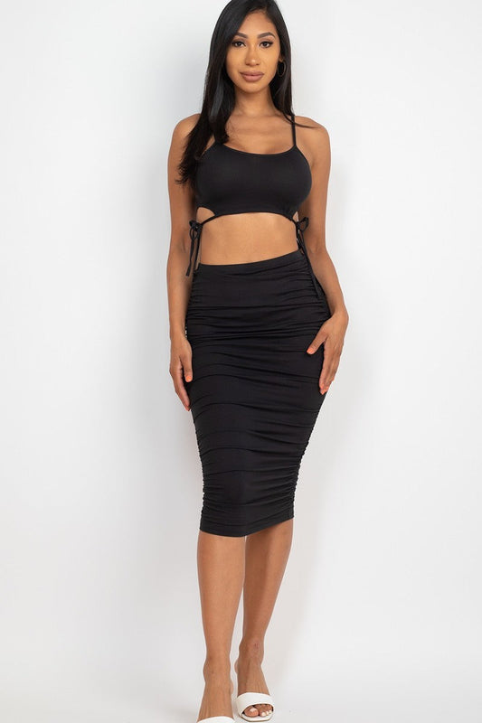 Cut-out Tie Side Crop Top & Ruched Midi Skirt Set Shop One Place