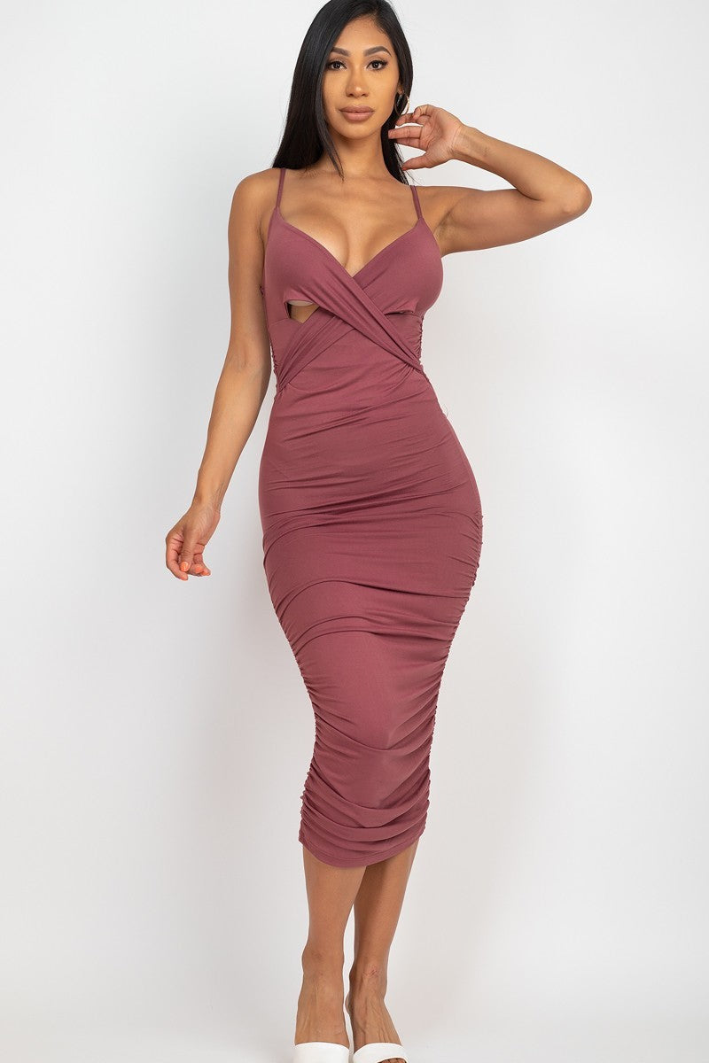 Cross Wrap Ruched Midi Dress Shop One Place
