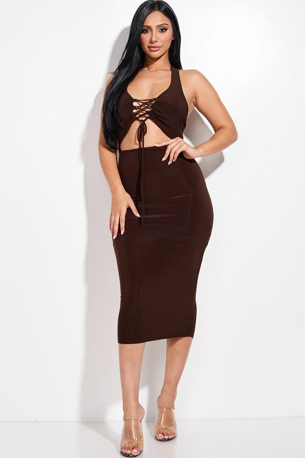 Solid Halter Neck Midi Dress With Criss Cross Front And Cutout Shop One Place