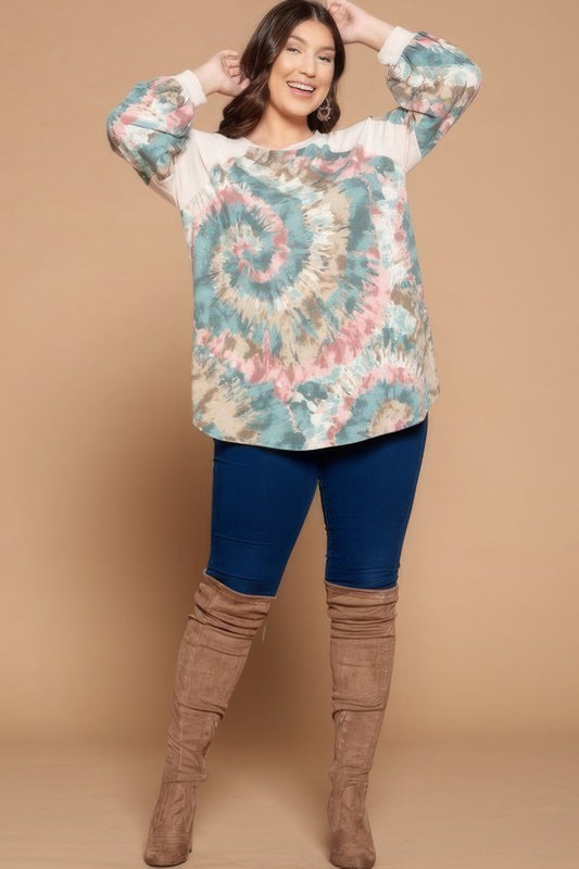 Plus Size Tie Dye French Terry Print Balloon Sleeve Top Shop One Place