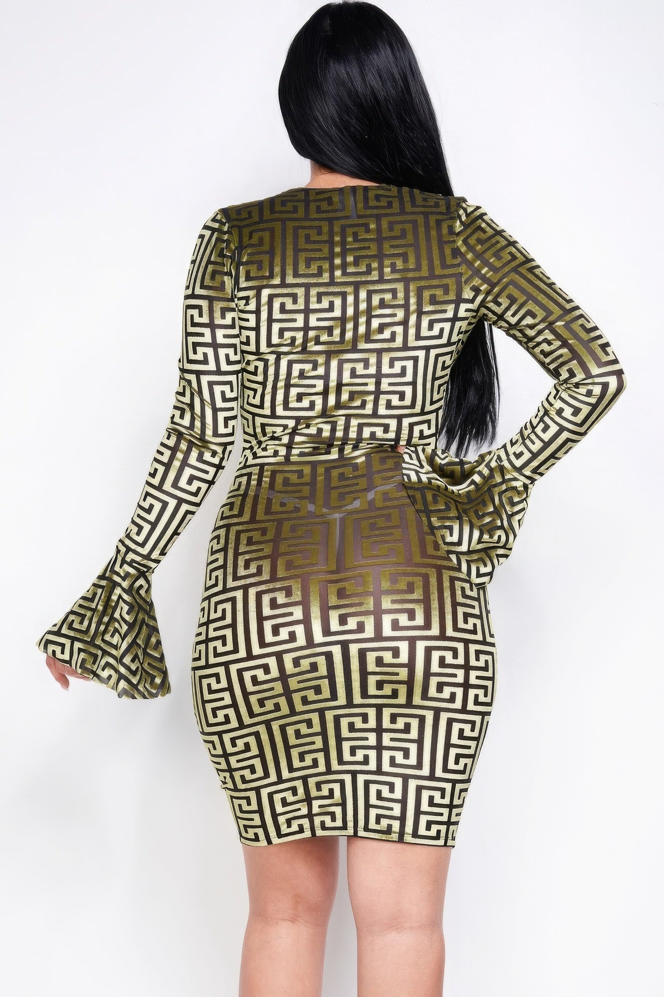 Burnout velvet v neck line bell sleeve dress Shop One Place