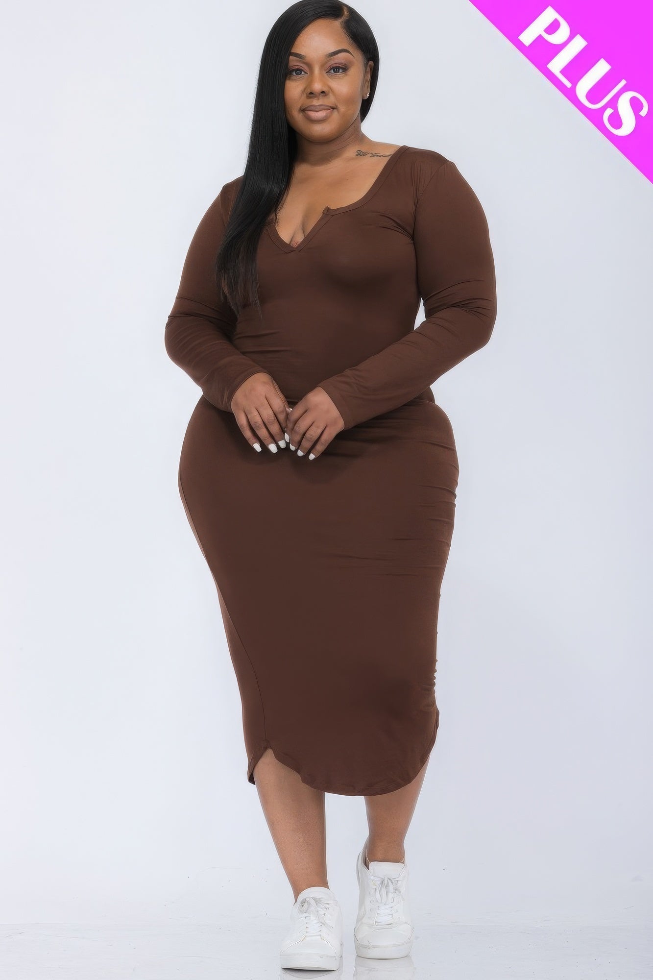 Plus Size Split Neck Long Sleeve Midi Dress Shop One Place