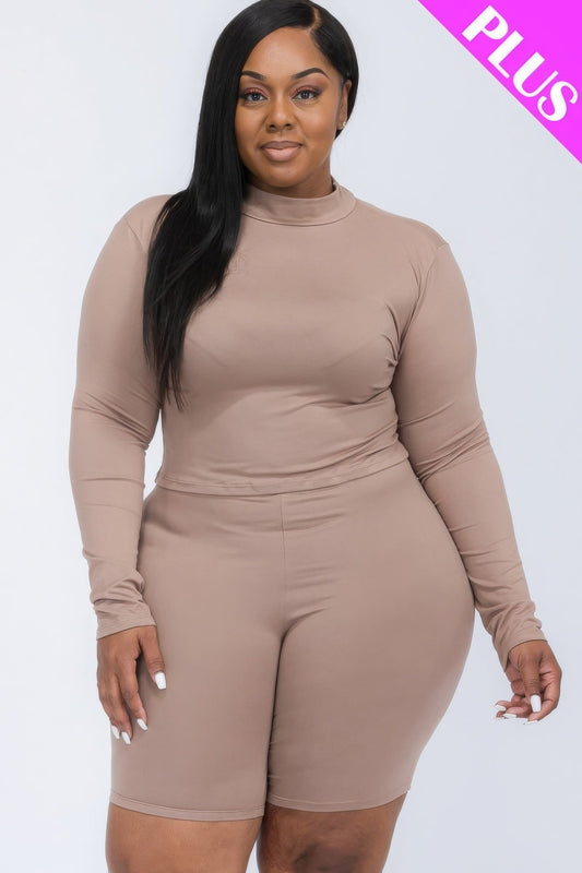 Plus Mock Neck Top & Biker Shorts Set Shop One Place