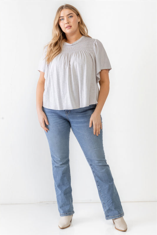 Plus Grey Cotton Blend Smoked Short Sleeve Top Shop One Place