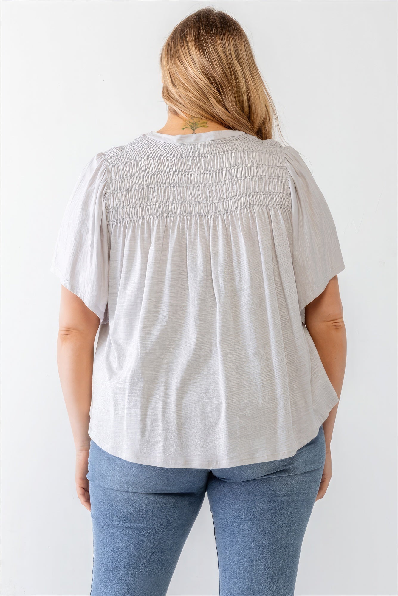 Plus Grey Cotton Blend Smoked Short Sleeve Top Shop One Place