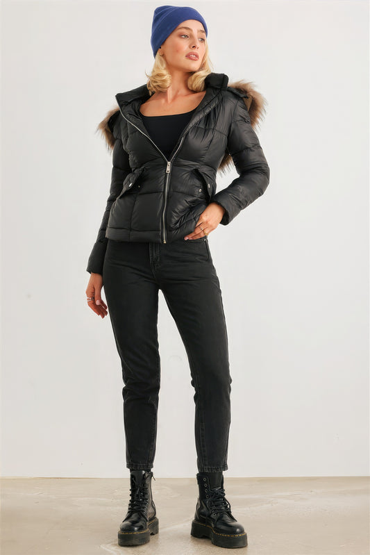 Long Sleeve Faux Fur Hood Padded Water Resistant Finish Jacket - Shop One Place