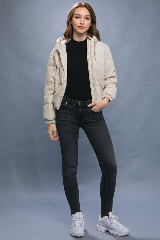 Pu Faux Leather Zipper Hooded Puffer Jacket Shop One Place