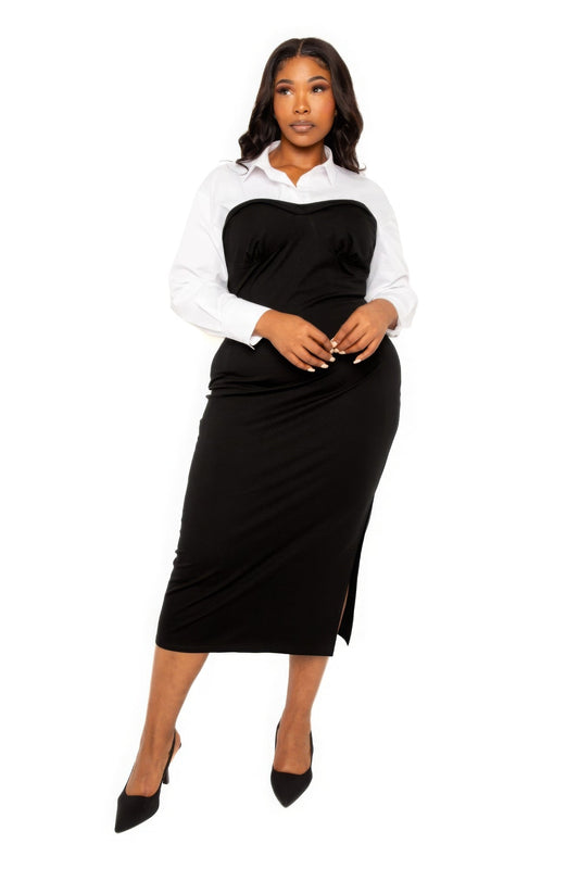 Collared Shirt Bodycon Midi Dress With Side Slit Shop One Place