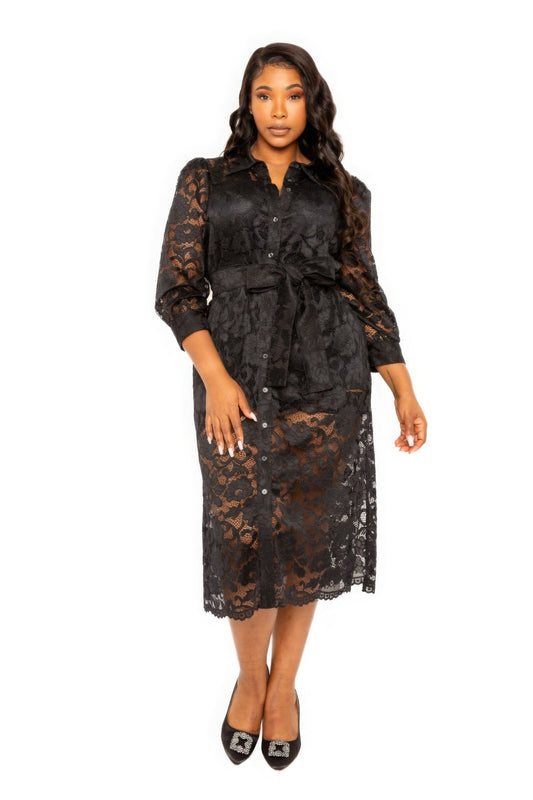 Belted Lace Shirt Dress Shop One Place