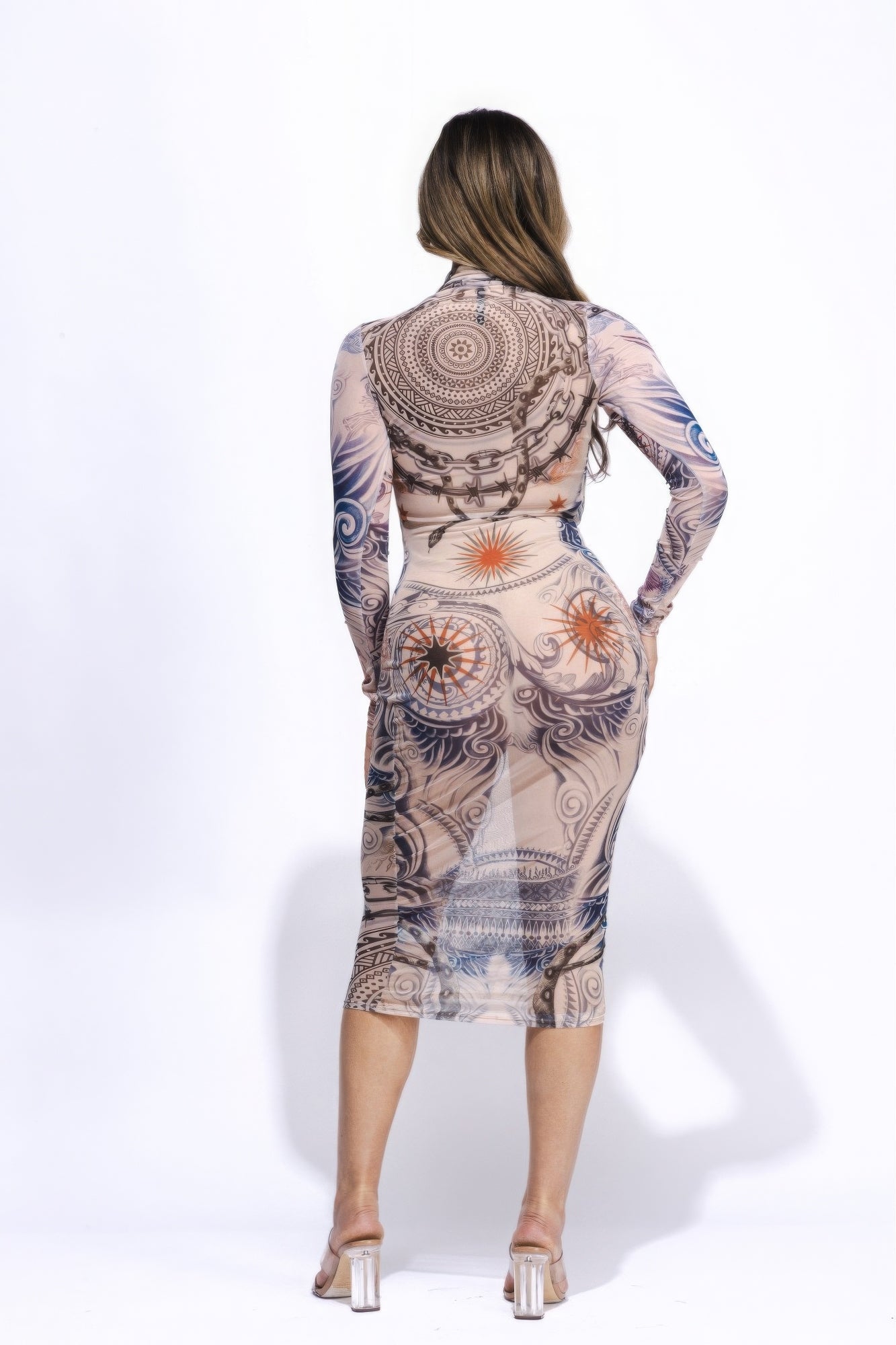 Tattoo Body Print Mesh Midi Dress Shop One Place