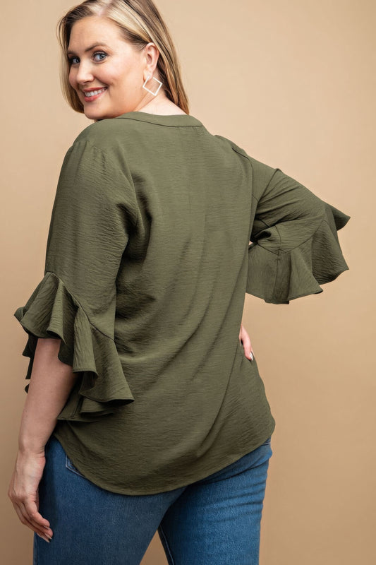 Ruffled Bell Sleeve And Front Pleated Detail Top Shop One Place