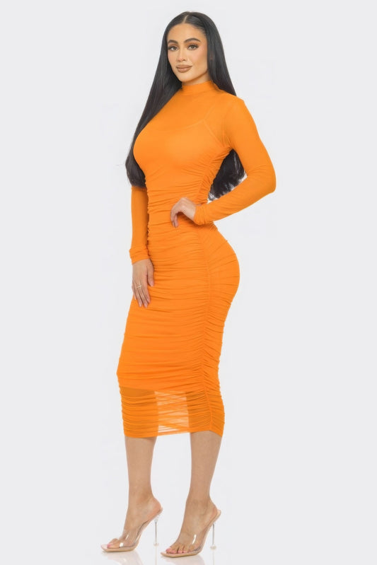 Solid Mesh Ruched Midi Dress Shop One Place