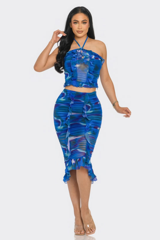 Tropical Waters Print Mesh Ruffle Halter Skirt Set Shop One Place