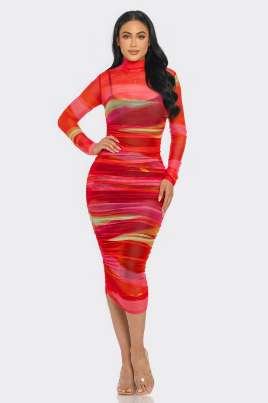 Glitch Print Mesh Ruched Midi Dress Shop One Place