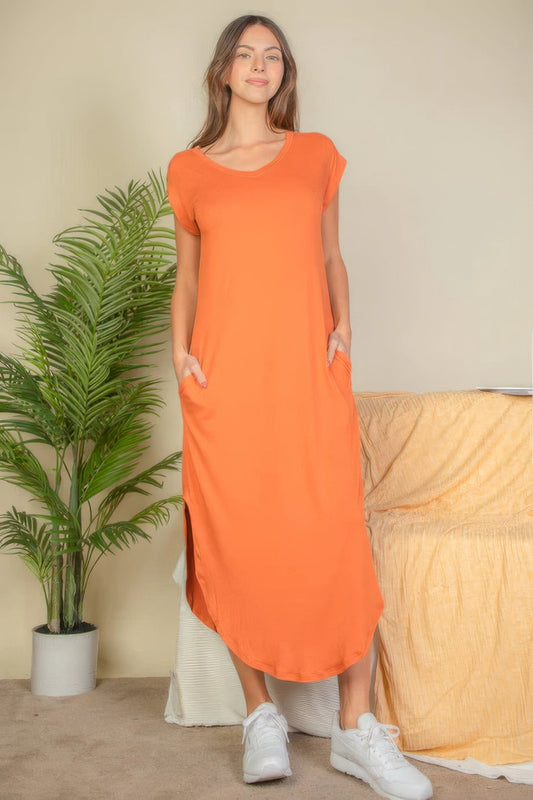 Hidden Pocket Batwing Sleeve V Neck Long Dress Shop One Place