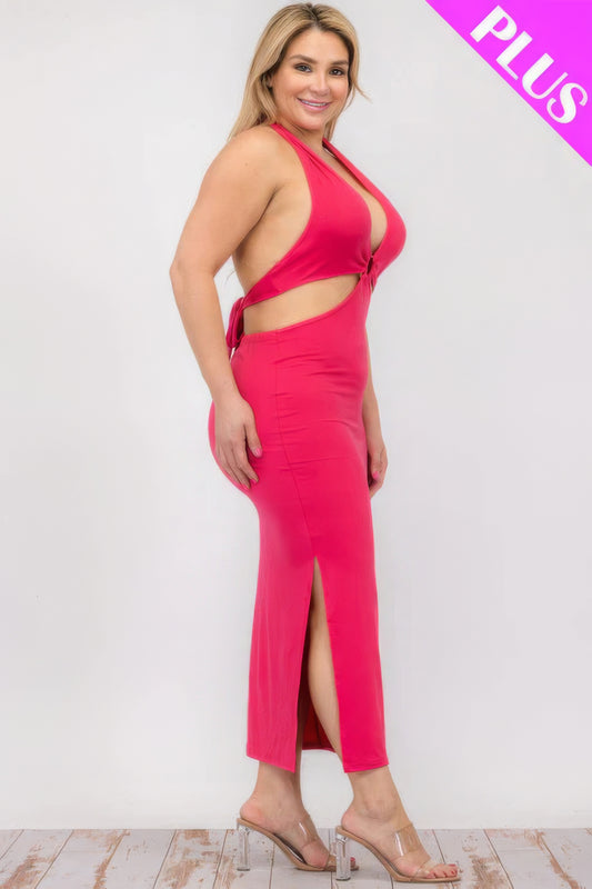 Plus Size Cut-out Halter Neck Double Back Tie Split Thigh Midi Dress Shop One Place