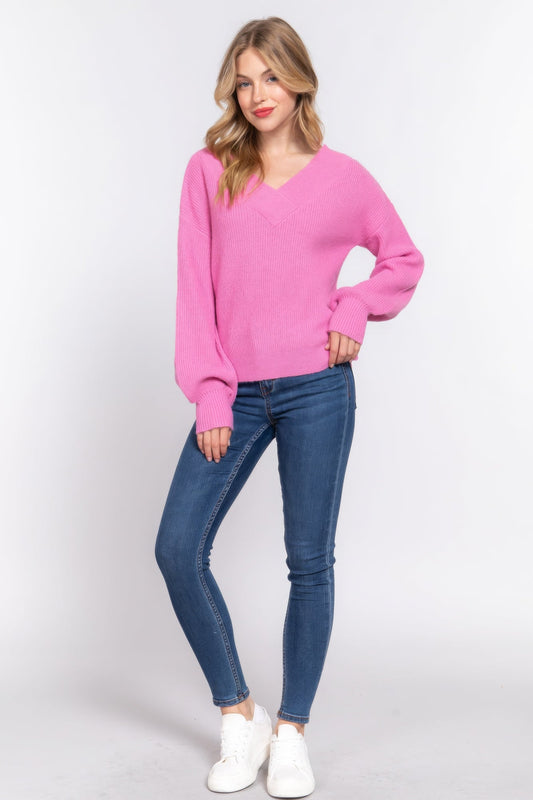 Long Slv Double V-neck Sweater Shop One Place