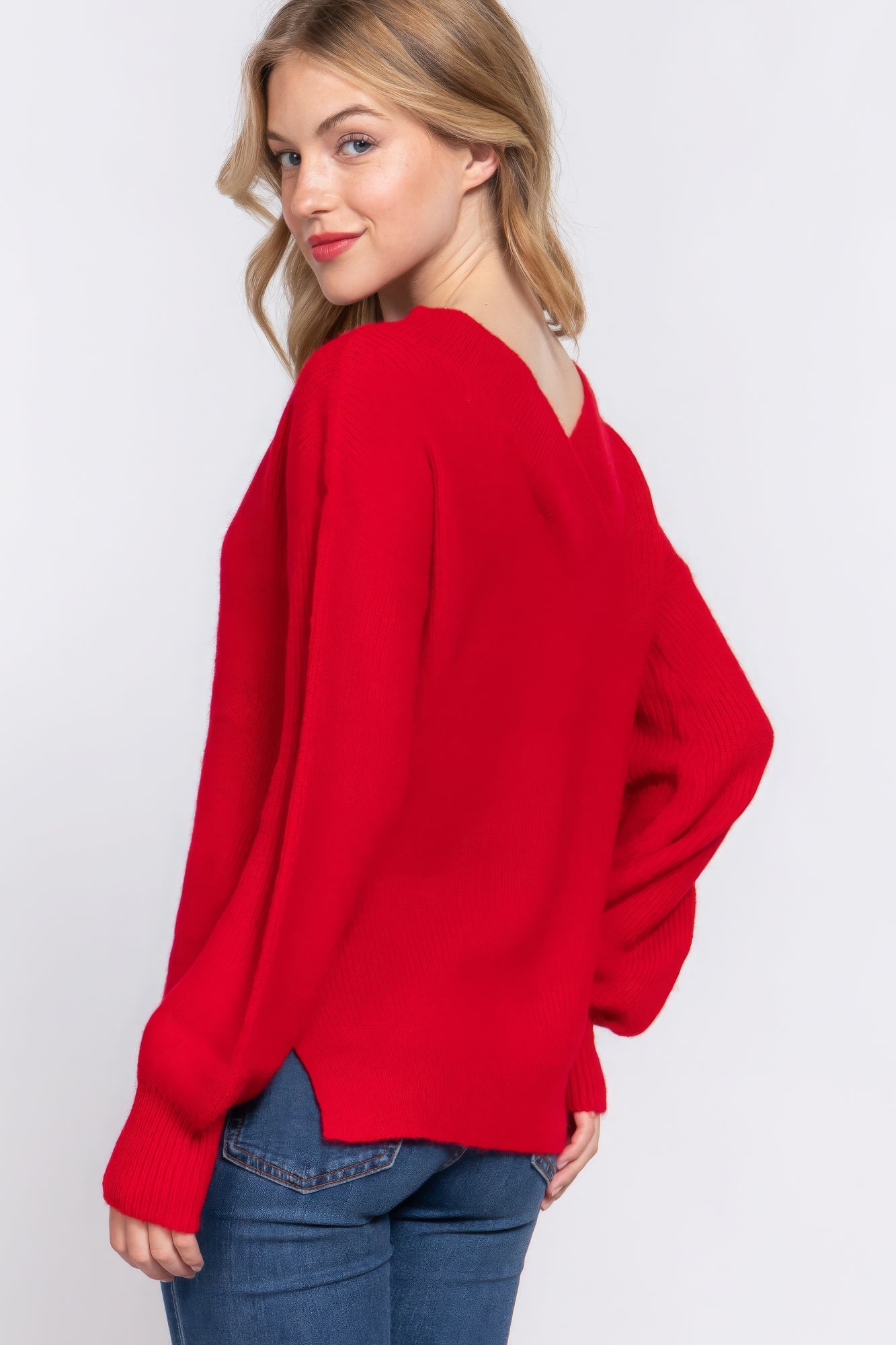 Long Slv Double V-neck Sweater Shop One Place