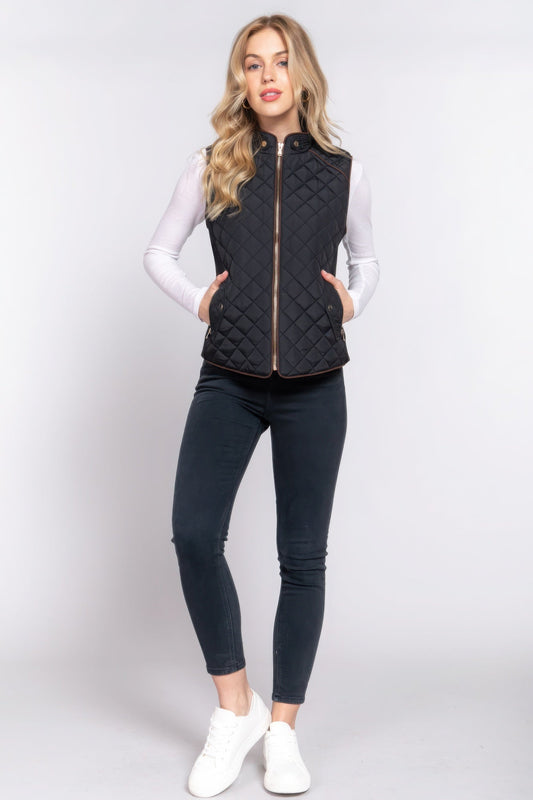 Suede Piping Quilted Padding Vest Shop One Place