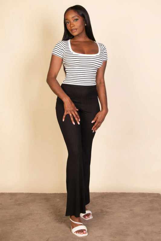 Ribbed tight knitted striped square neck short sleeve t shirt Shop One Place