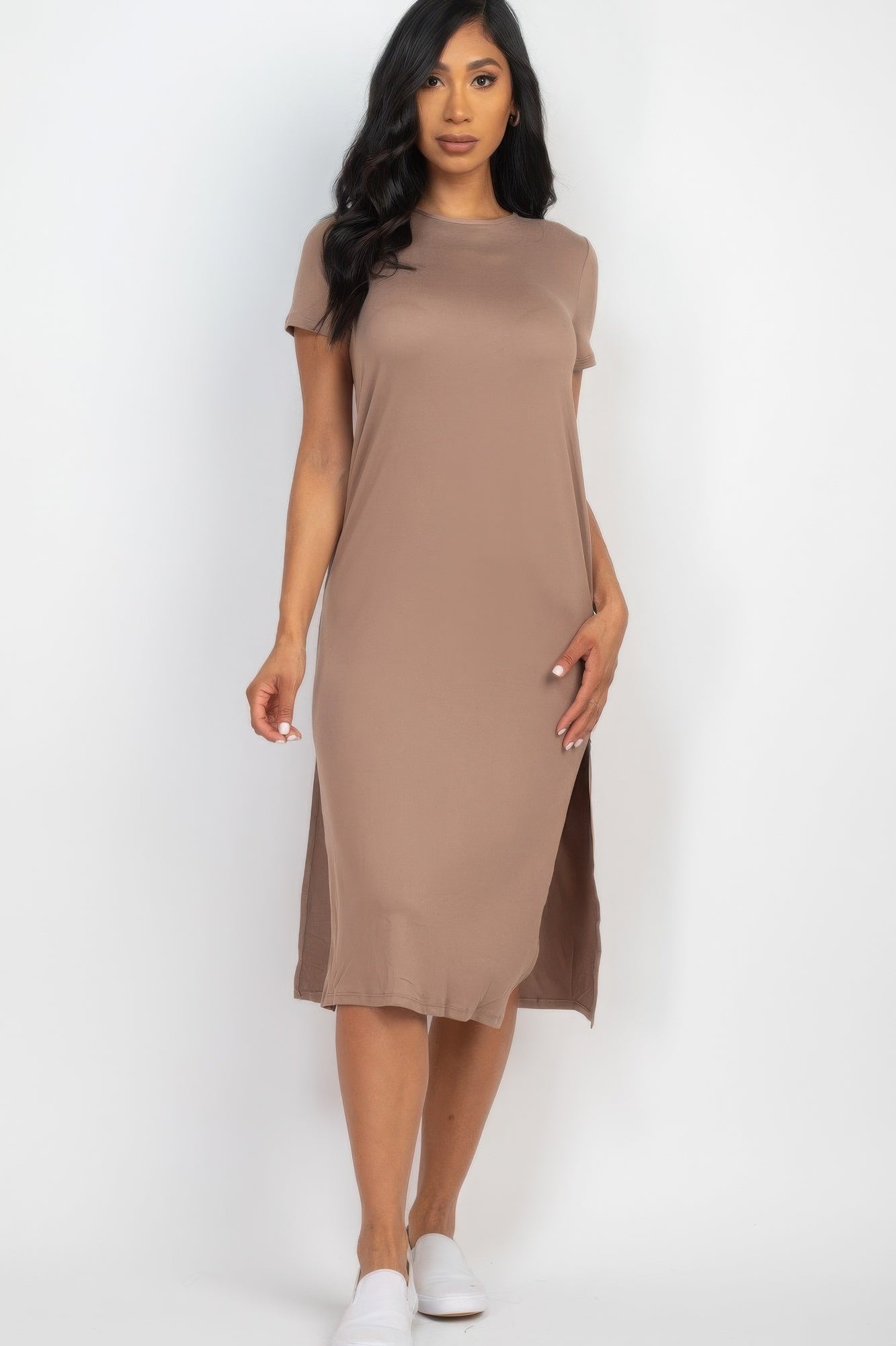 Side slit comfy midi dress Shop One Place
