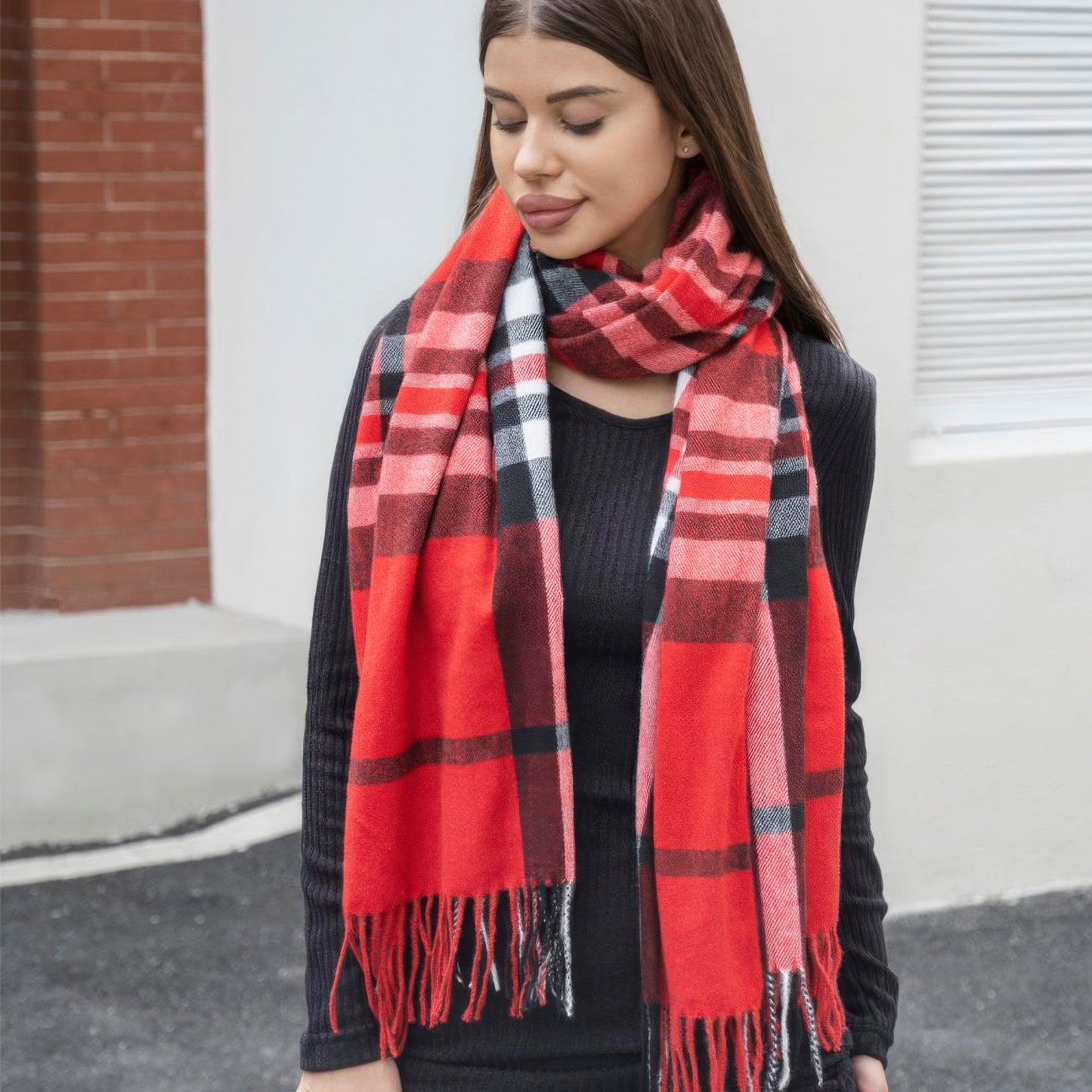 Plaid blanket scarf with tassel Shop One Place