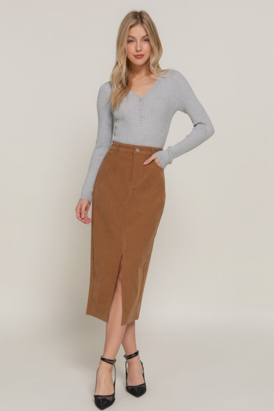 Front Open Slit Corduroy Midi Skirt Shop One Place